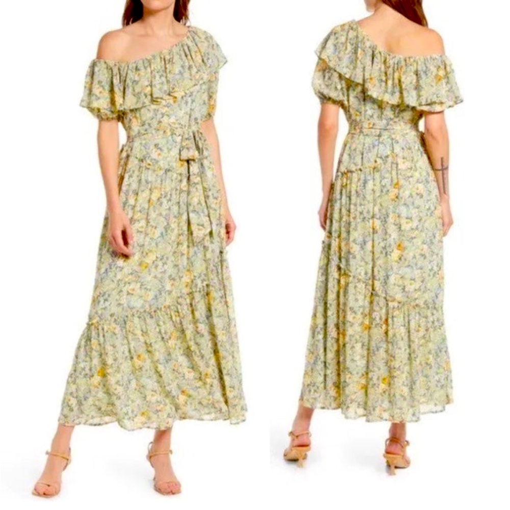 NWT Floret Studios floral off One-Shoulder Maxi Dress Mint Mustard Floral XS